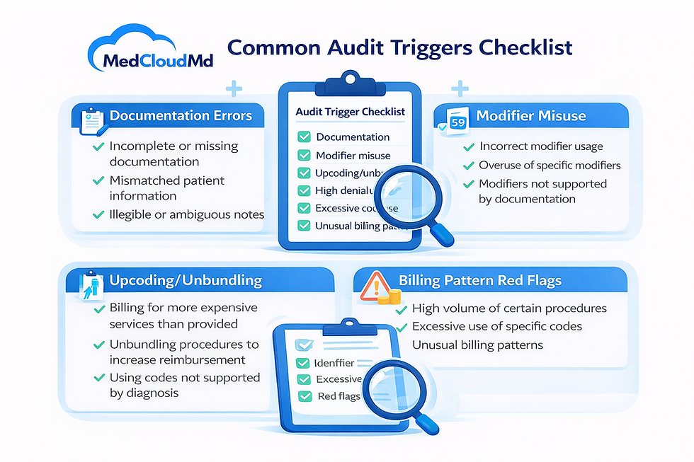 Medical billing audit triggers checklist showing documentation errors modifier misuse and billing pattern red flags