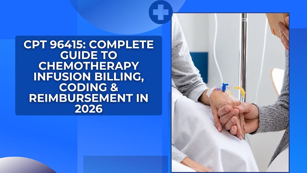 Blue medical graphic with hands holding during IV therapy; text reads CPT 96415 guide to chemotherapy infusion billing in 2026