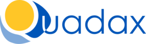 Logo with a yellow circle and blue crescent shapes, resembling a sun and waves, next to the text "Quadax" in blue. Minimalist design.