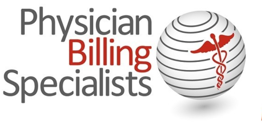 Text: Physician Billing Specialists beside a globe with a red caduceus emblem. White background, professional and medical theme.
