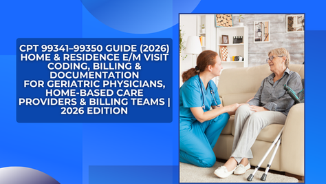 Blue poster with CPT 99341–99350 guide text and a nurse talking with an older woman on a couch at home.