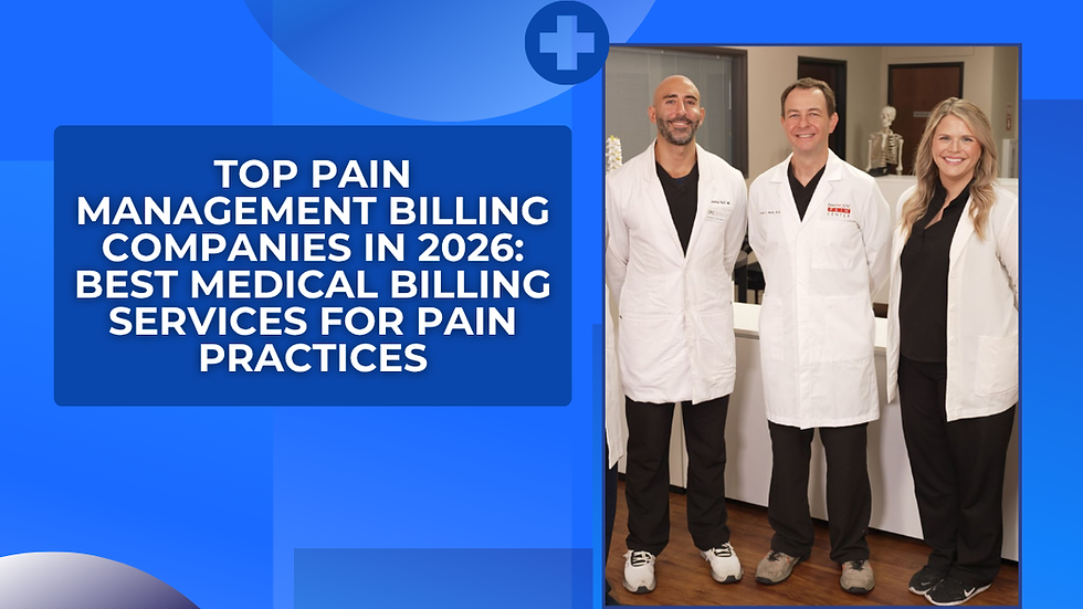 Three smiling medical staff in white coats stand in an office beside a headline about top pain management billing companies in 2026.