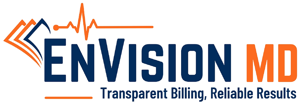 Logo for EnVision MD with blue and orange text, featuring a stylized heartbeat line. Motto: Transparent Billing, Reliable Results.