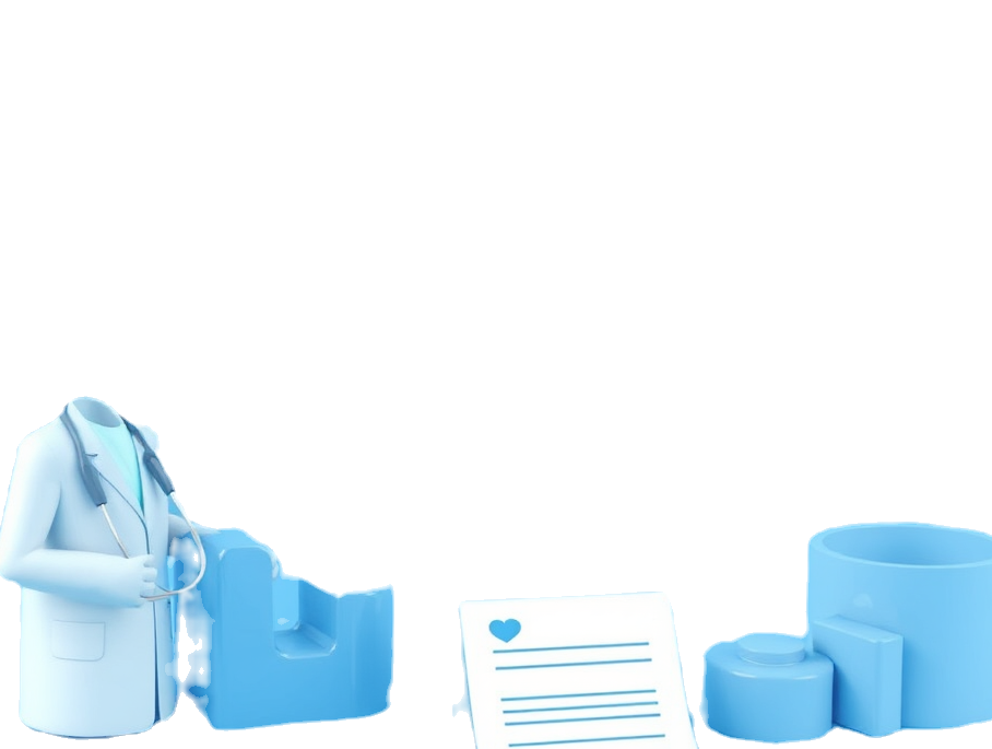 A headless doctor figure with a stethoscope stands next to blue medical items and a clipboard with a heart icon in a light blue theme.