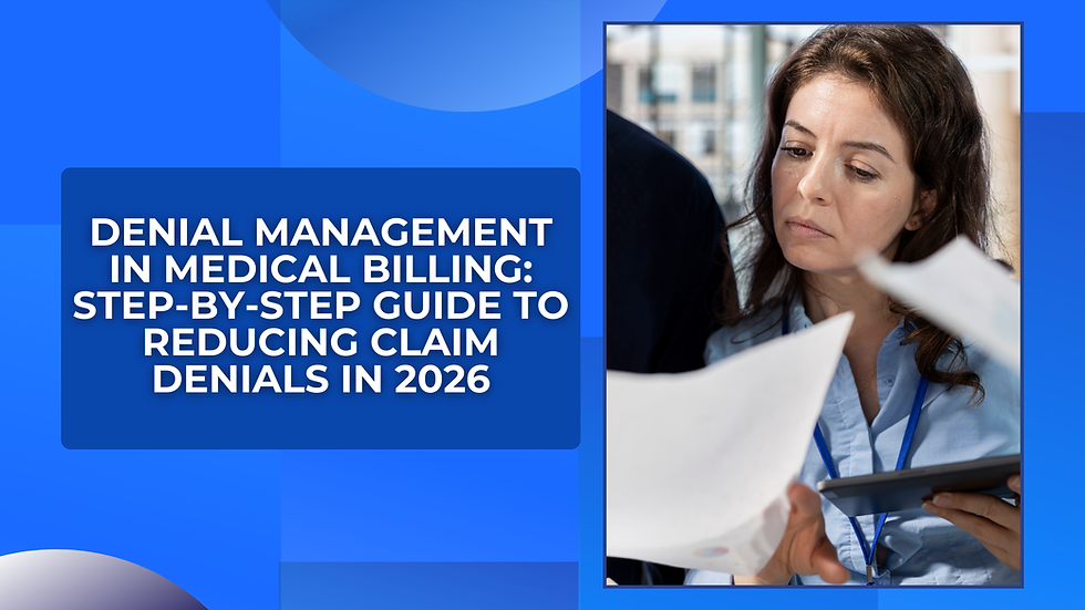 Woman reviewing documents on tablet; text reads "Denial Management in Medical Billing" on blue background; focused mood.