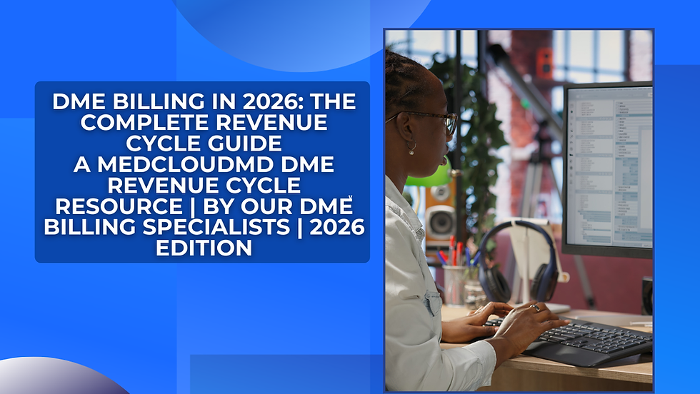 Woman at a desktop computer in an office beside a blue promo panel reading DME Billing in 2026: The Complete Revenue Cycle Guide.
