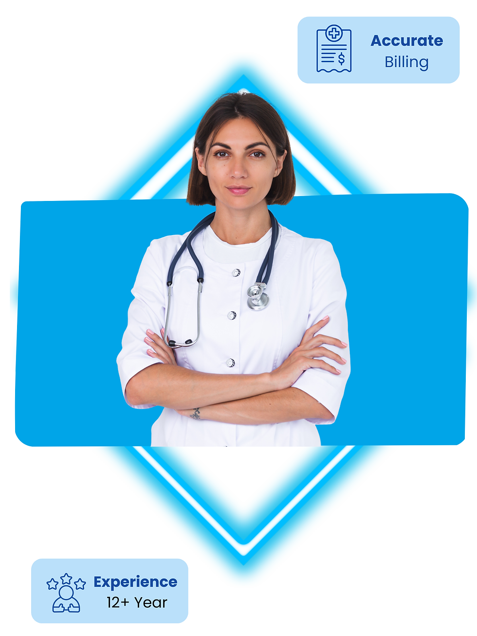 Confident female clinical lab billing specialist in white coat with stethoscope – MedCloudMD expert managing CPT selection, LCD compliance, ABN documentation, and payer follow-up with 12+ years experience for laboratories