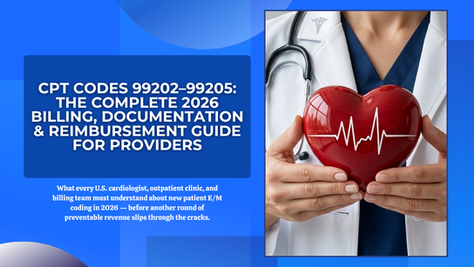 Healthcare provider in white coat holds a heart model with an ECG line. Text: CPT Codes 99202-99205 guide for 2026 billing. Blue background.