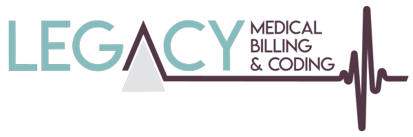 Legacy Medical Billing & Coding logo with teal and purple text and a heartbeat line. A triangle replaces the "A" in "Legacy."