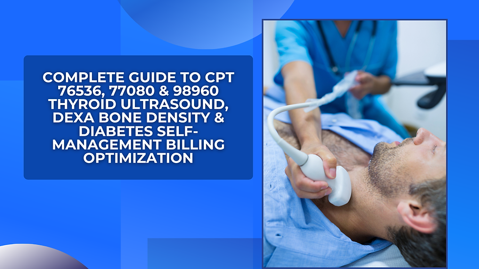 A medical professional performs a thyroid ultrasound on a patient. Text on a blue background discusses CPT codes and billing optimization.
