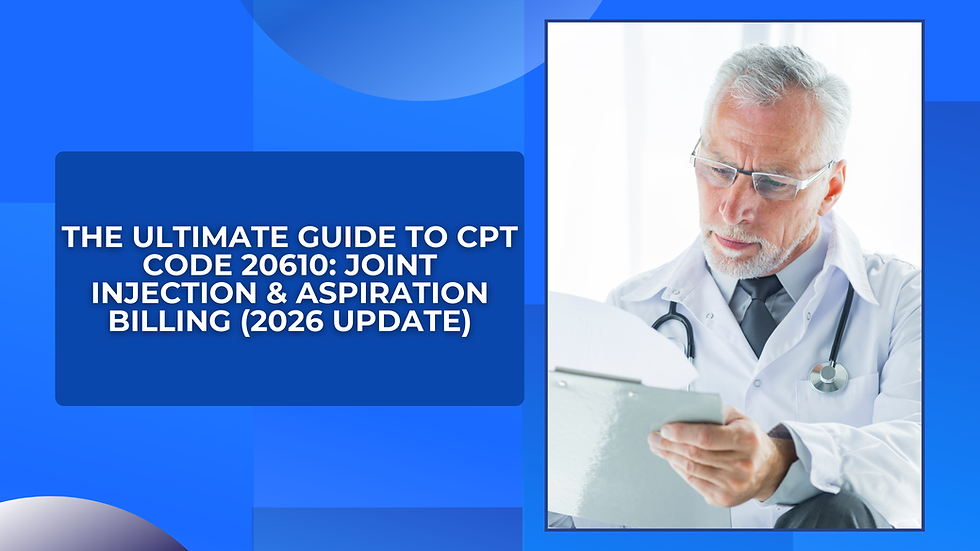 Doctor reading a clipboard; text: "The Ultimate Guide to CPT Code 20610: Joint Injection & Aspiration Billing (2026 Update)" on blue background.