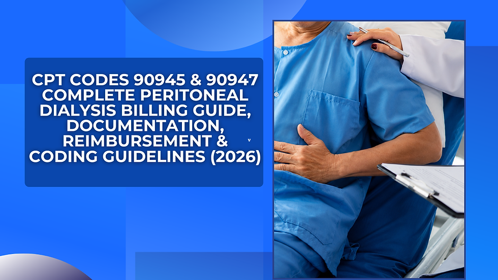 Blue medical graphic with doctor comforting patient in scrubs; text: CPT Codes 90945 & 90947 peritoneal dialysis billing guide.