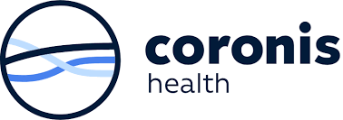 Blue and gradient waves intersect in a circle next to "coronis health" text in bold, navy font on a white background.