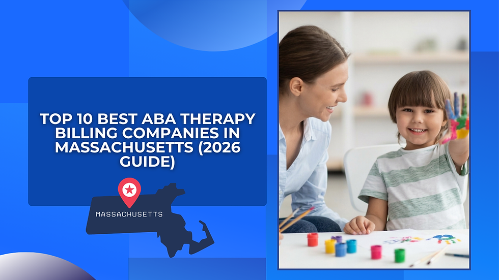 Smiling woman and child with painted hand indoors. Text: "Top 10 Best ABA Therapy Billing Companies in Massachusetts (2026 Guide)." Blue background.