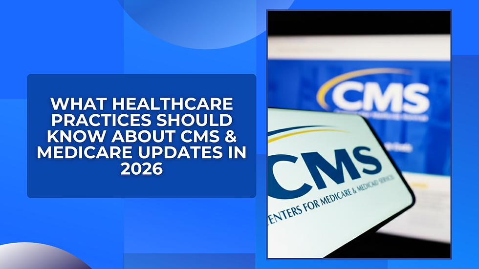 CMS and Medicare updates 2026. Blue background, bold text: "What healthcare practices should know about CMS." CMS logo visible.