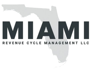Map silhouette of Florida with bold text "MIAMI" over it. Below, smaller text reads "Revenue Cycle Management LLC." Black and grey tones.