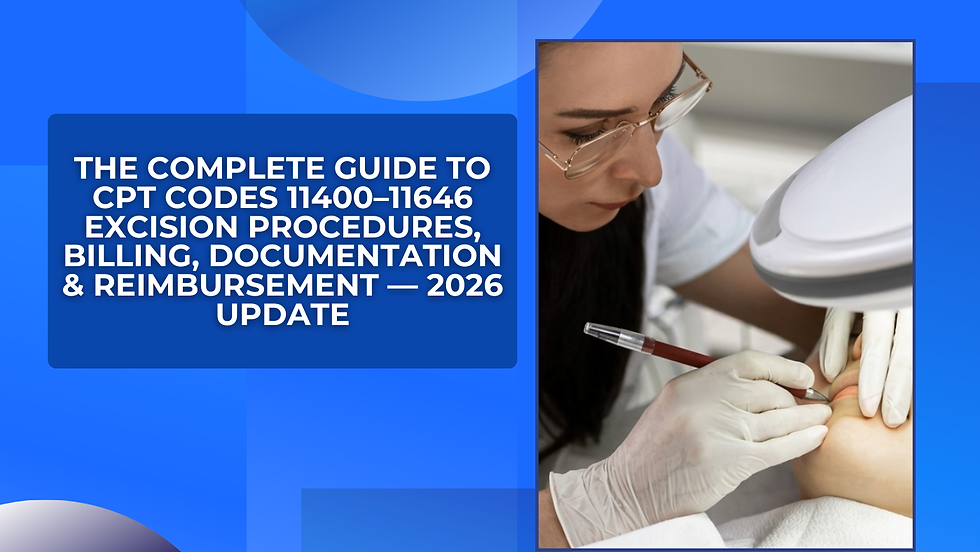 A person performs a medical excision under a lamp, wearing gloves, focused. Text: "Guide to CPT Codes 11400–11646, 2026 Update." Blue background.