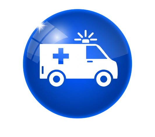 NEMT Billing: Blue circular icon featuring a white ambulance with a medical cross.