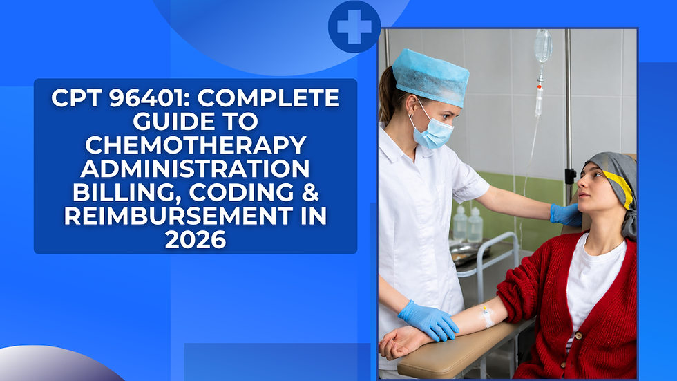 Nurse comforts seated patient in clinic beside IV; graphic reads CPT 96401 complete guide to chemotherapy administration billing and coding 2026