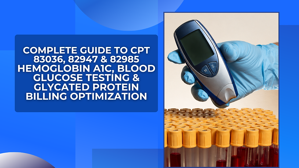 Gloved hand holds glucose meter above test tubes. Text: "Complete guide to CPT 83036, etc. for A1C testing & billing." Blue background.
