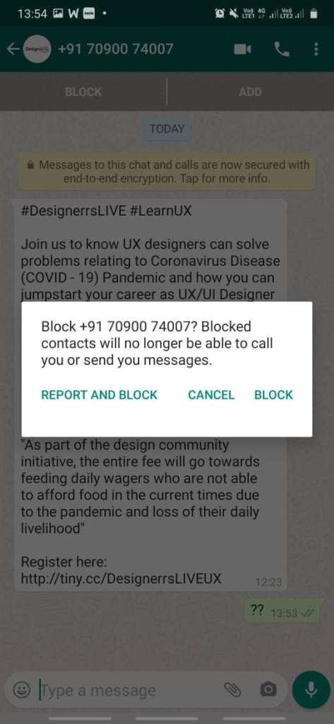 whatsapp message to unknown number block after reply