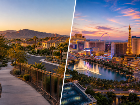 Henderson vs Las Vegas comparison featuring a peaceful Henderson neighborhood with mountain views beside the vibrant Las Vegas Strip skyline at sunset.