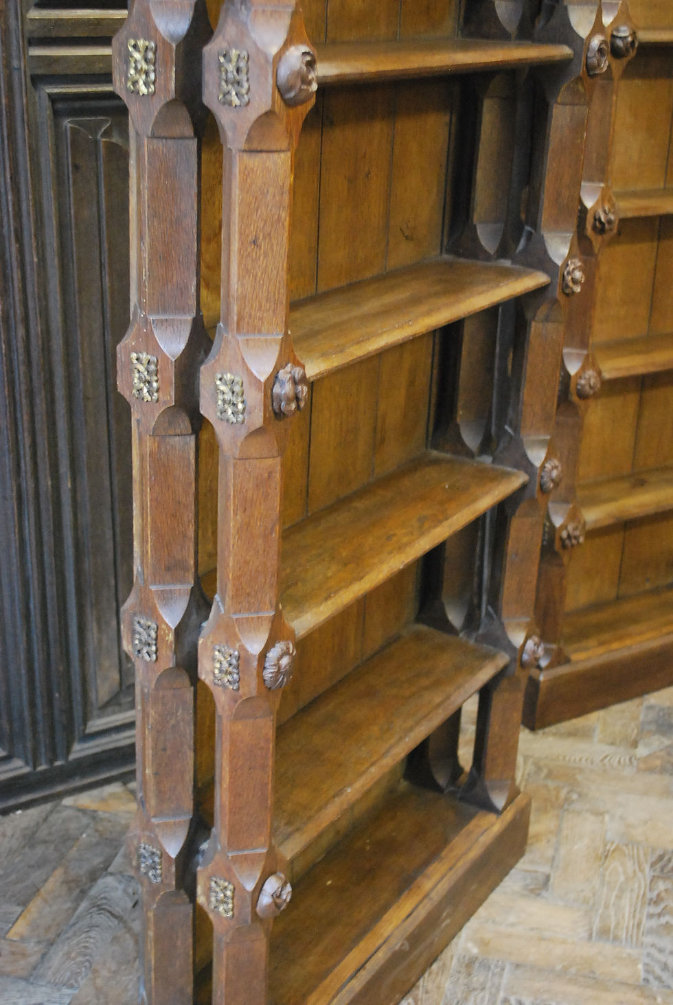 Thumbnail: Pair of Gothic Oak Open Bookcases