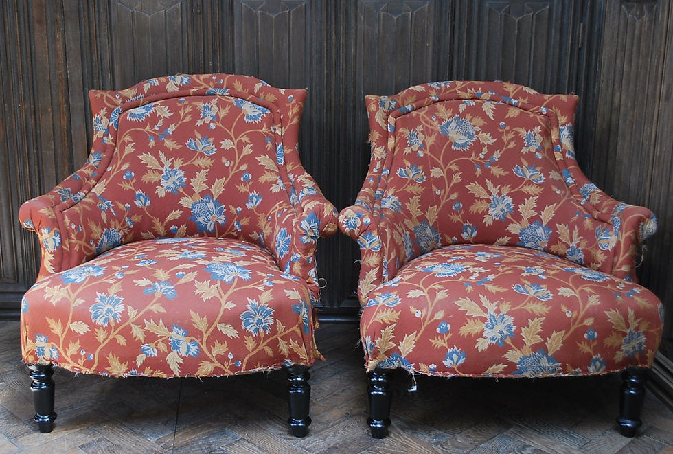 Thumbnail: Antique Pair of  French Fauteuil Upholstered Armchairs