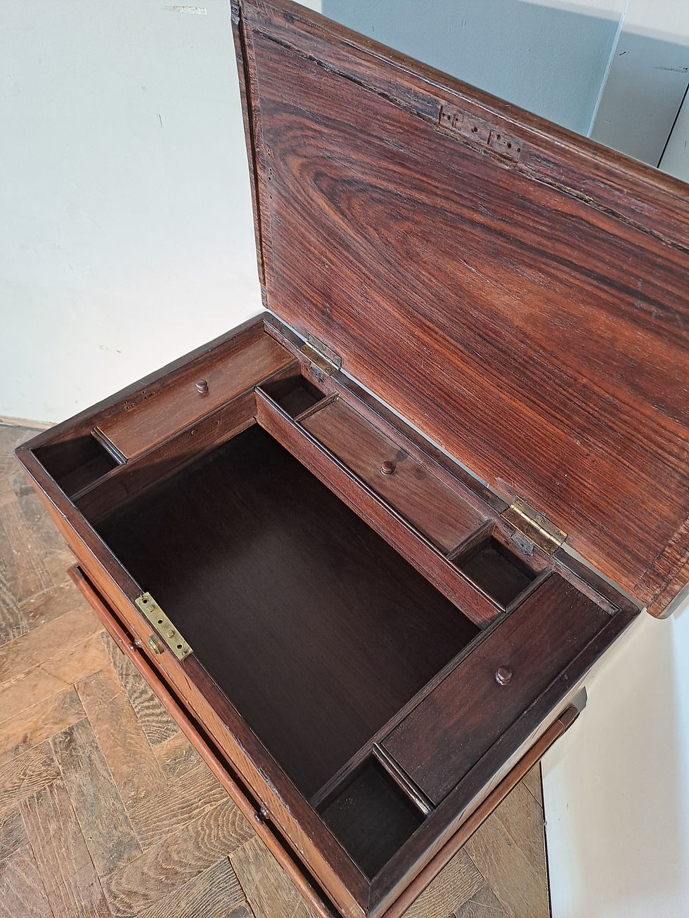 Thumbnail: Indian Rosewood Campaign Reeded Box with Secret Drawers on Stand, Circa 1830