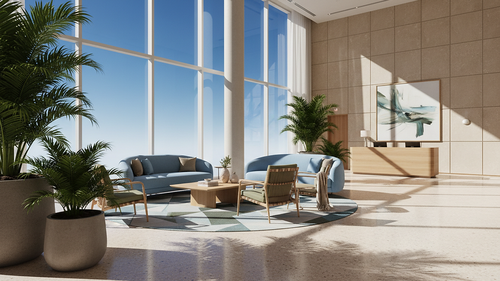 Eye-level view of a modern hotel lobby with comfortable seating