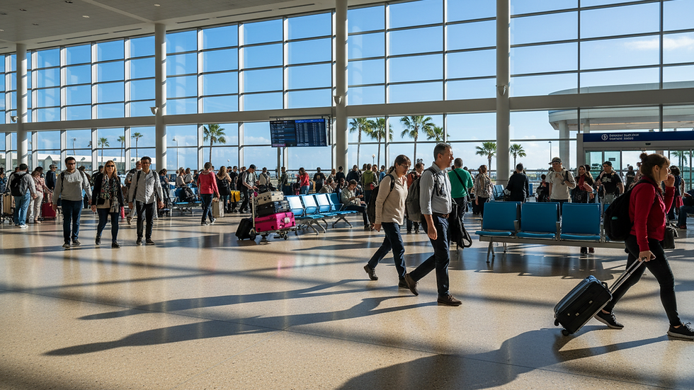 Eye-level view of a busy airport terminal with passengers walking