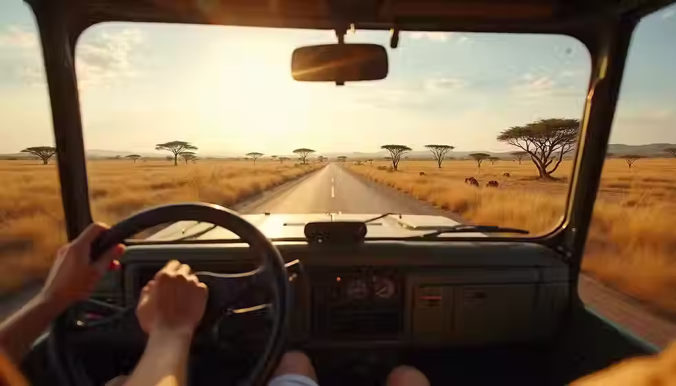 Vue à hauteur des yeux d'une jeep de safari traversant la savane tanzanienne