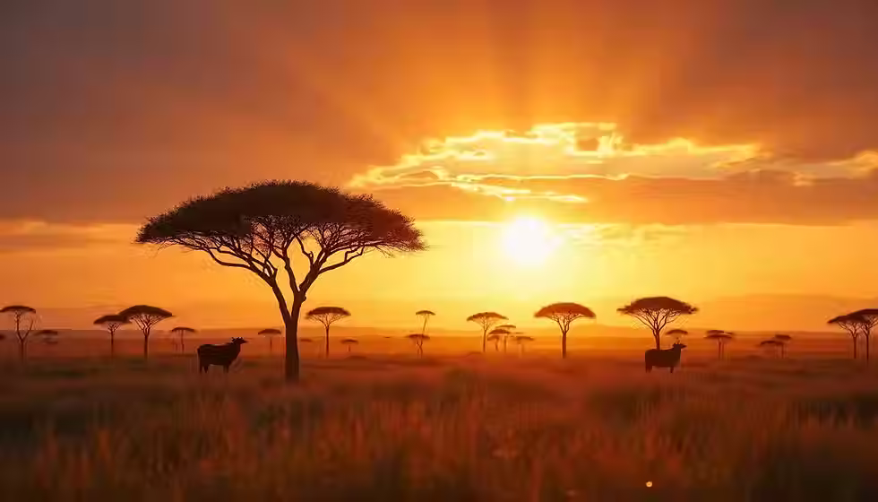 Vue panoramique du paysage du Serengeti, avec des acacias et un coucher de soleil