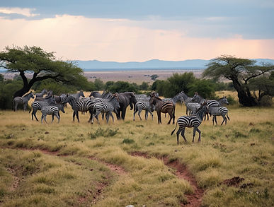 Un troupeau de zèbres et de gnous lors d'un safari consacré à la Grande Migration