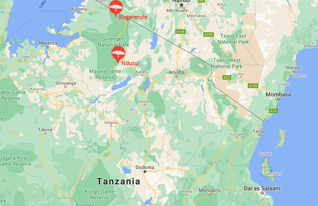 A map locating Kogatende airstrip in Srengeti Tanzania