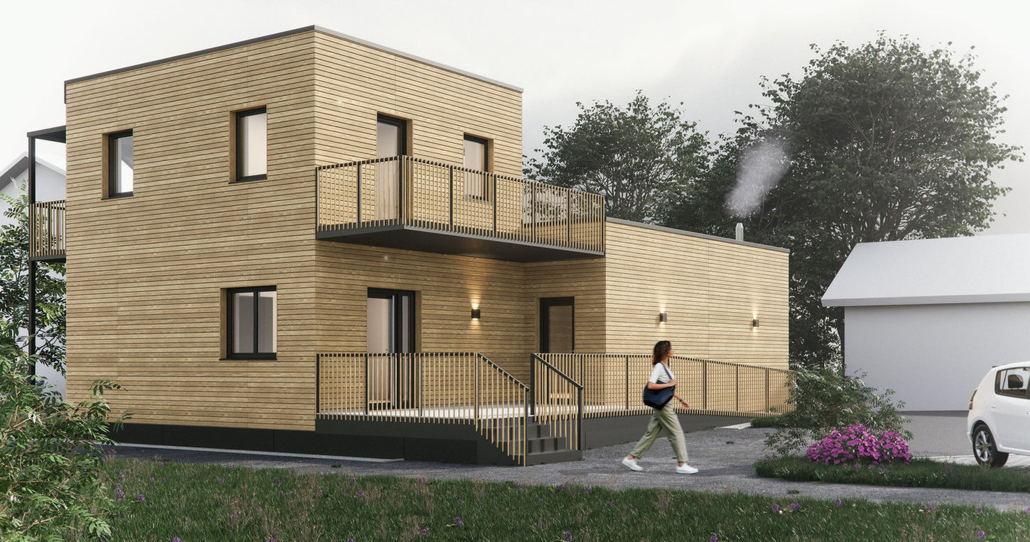 3D Außenvisualisierung modernes Tanzstudio mit einladender Holzfassade