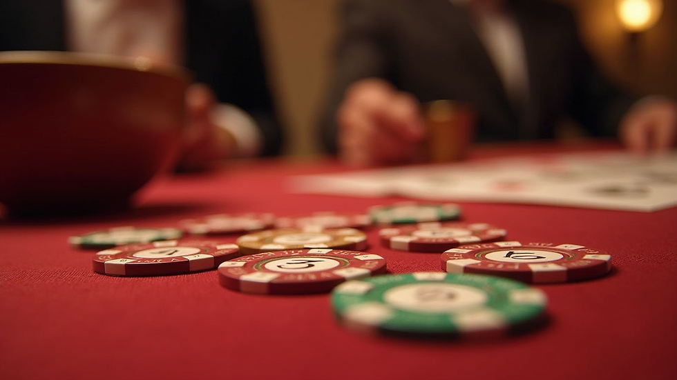 Close-up view of casino-themed table decorations