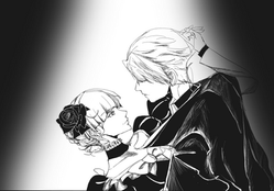 Fan art of Beatrice and Battler Ushiromiya from Umineko: When They Cry, dancing together on stage.