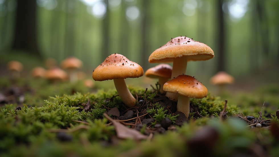 Close-up view of wild edible mushrooms in a forest
