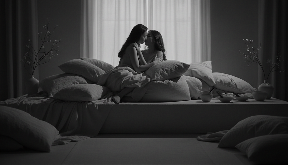 Eye-level view of a lesbian couple in a cozy, luxurious room with soft lighting and plush cushions