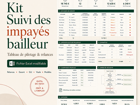 Image du tableau Excel du kit bailleur "Suivi des impayés - Tableau de pilotage & relances"