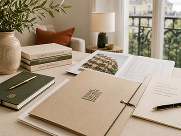 Image de livres posés sur un bureau face à une fenêtre, et plusieurs documents destinés à l'usage de la gestion d'une copropriété