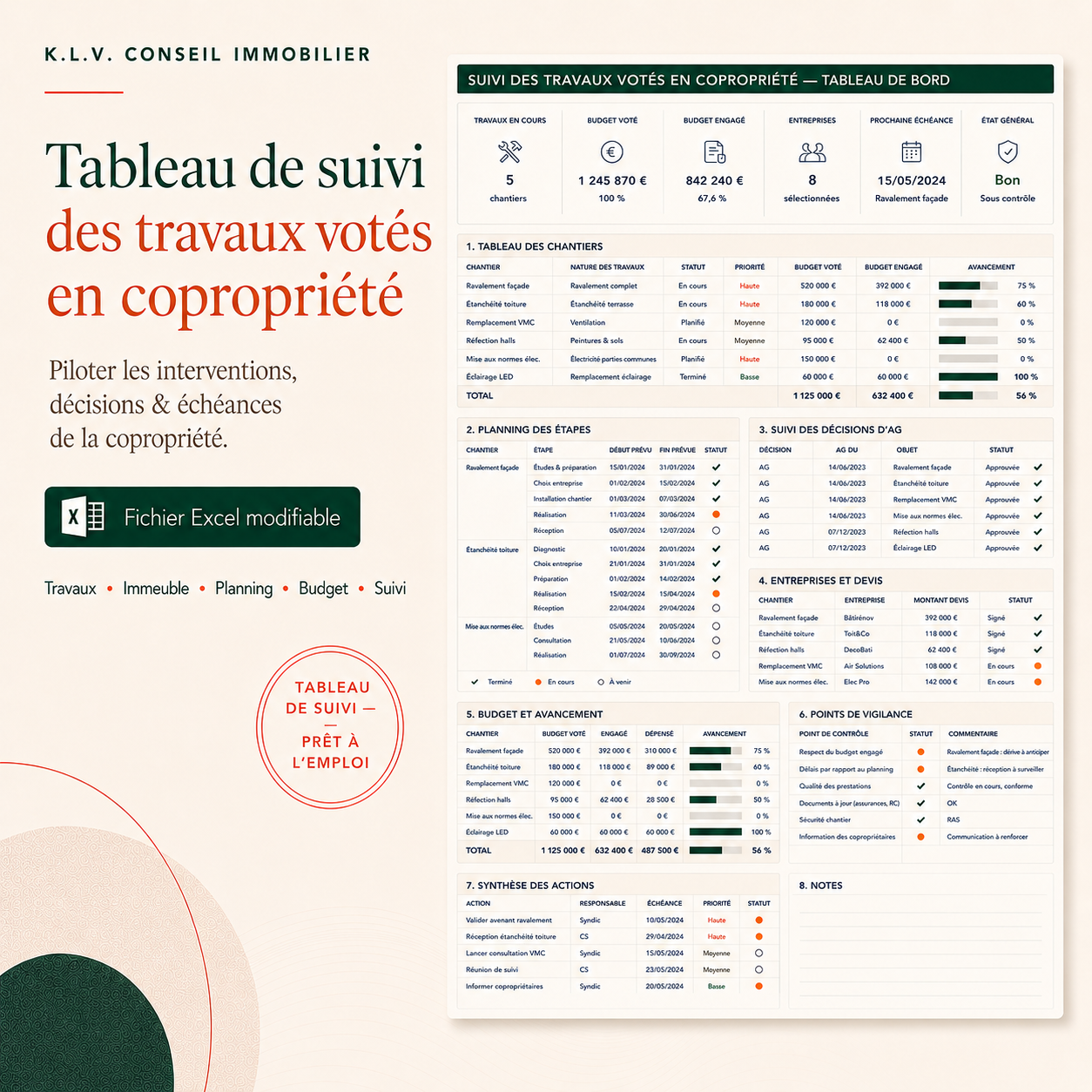 Kit Copropriétaires - Tableau de suivi des travaux votés en copropriété