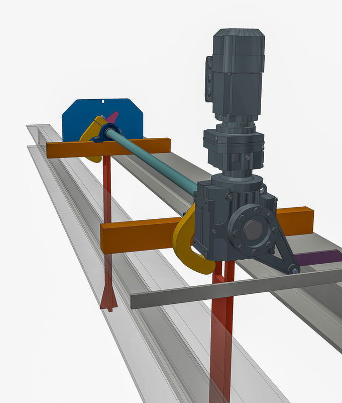 Háky, hřídel, motor zajišťující břemeno proti pádu