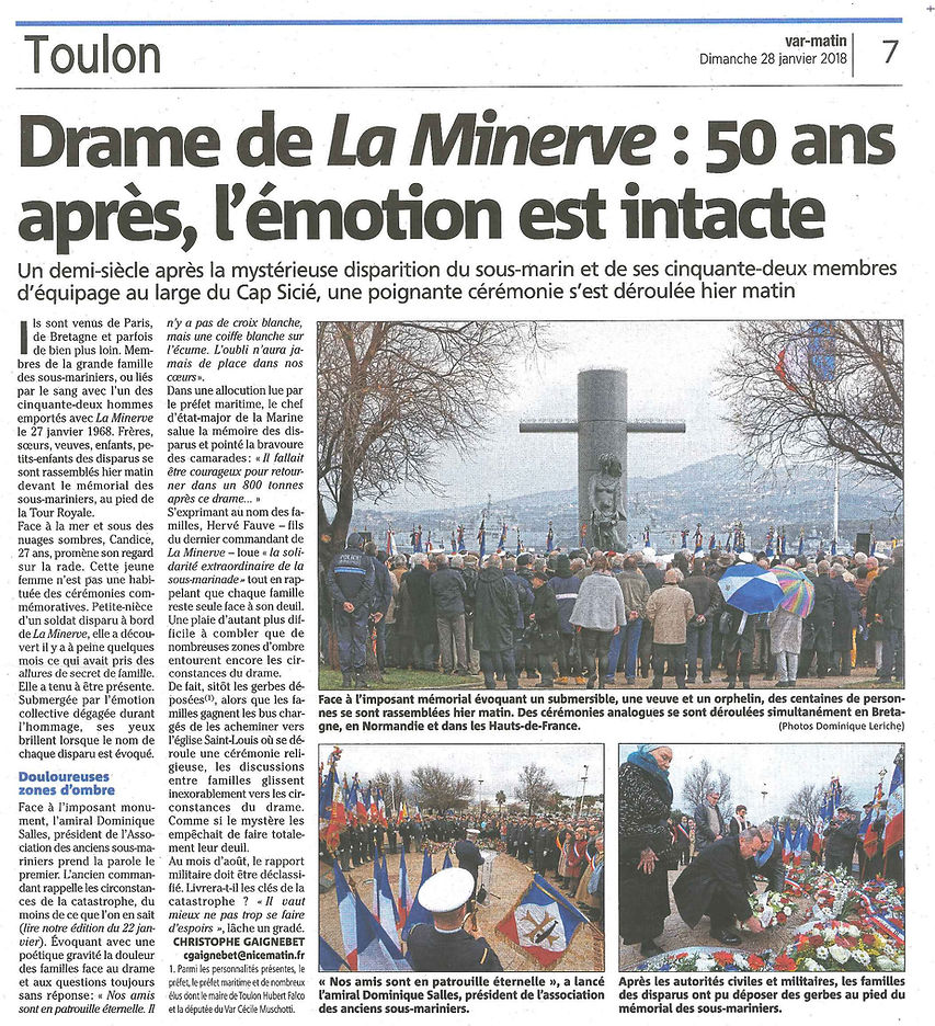Var Matin- 28/01/2018 50° anniversaire de la disparition du sous-marin Minerve