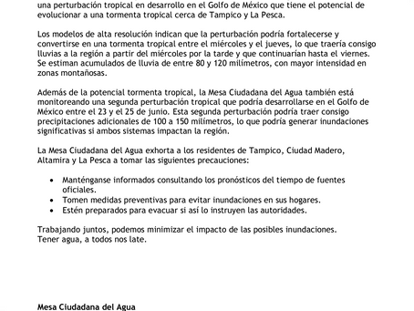 La Mesa Ciudadana del Agua Informa Sobre la Posible Formación de una Tormenta Tropical Cerca de Tampico y La Pesca