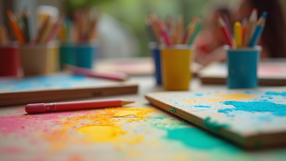 Close-up view of colorful art supplies at a summer camp