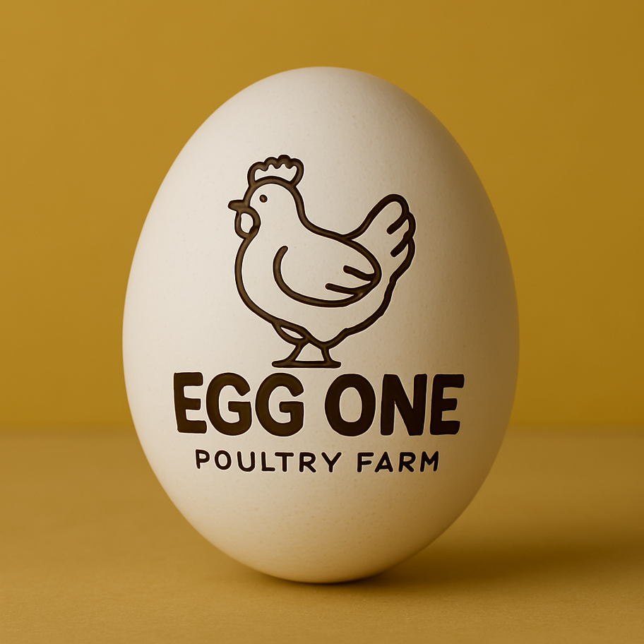 Egg One logo with white egg, chicken, and Poultry Farm text. White Eggs.