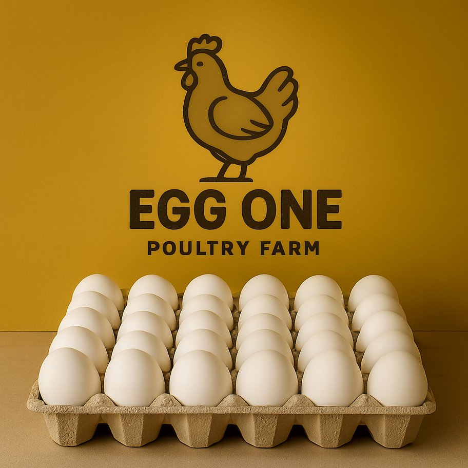 Egg One Poultry Farm logo and a tray of 30 white eggs.