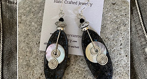 Black Denim Large Oval Wood and Shell Earrings